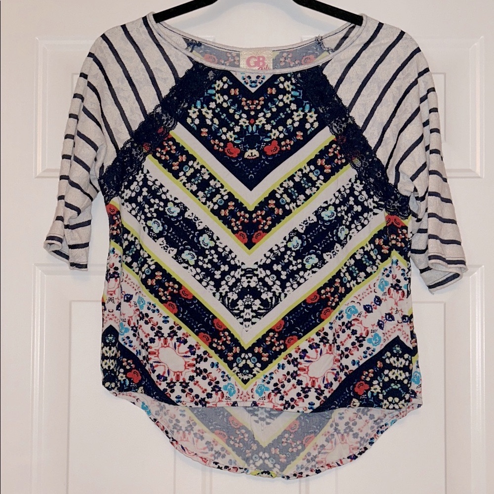 GB Girls Gianni Bernini Floral Lace Top XL Colorful Striped Casual Summer